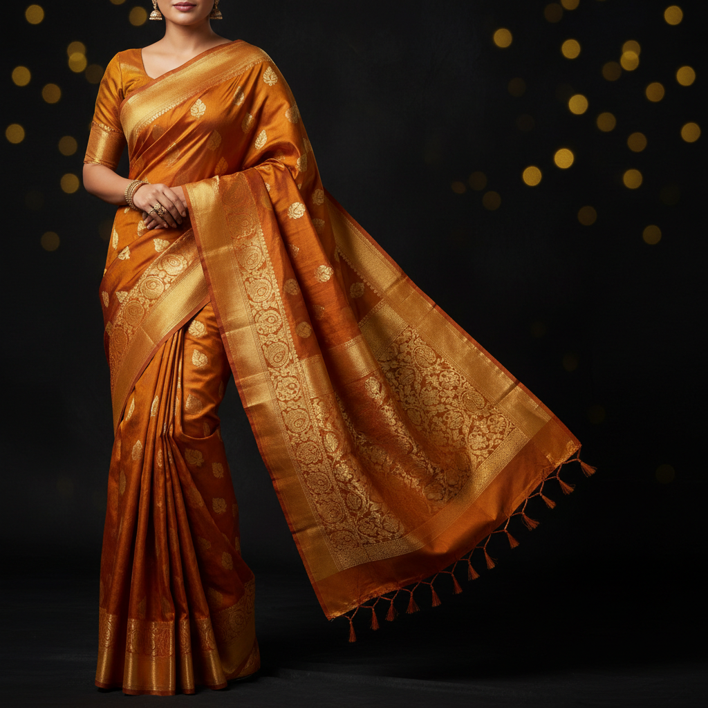 Elegant Kanjivaram silk saree draped gracefully, showcasing rich gold zari border and vibrant silk fabric